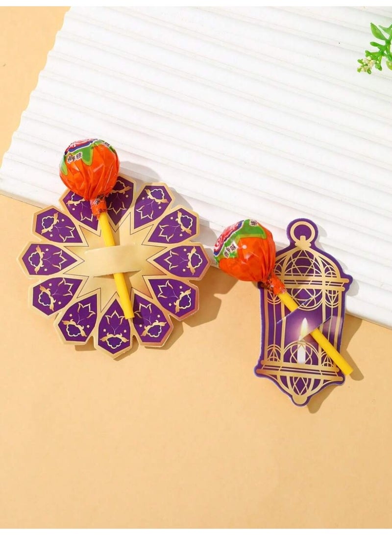 توزيعات العيد زينة العيد 24 بطاقة لولي بوب بتصميم عيد مبارك باللون البنفسجي والذهبي بطاقات تغليف هدايا وديكور طاولة حفلات العيد ورمضان و قرقيعان - Image 3